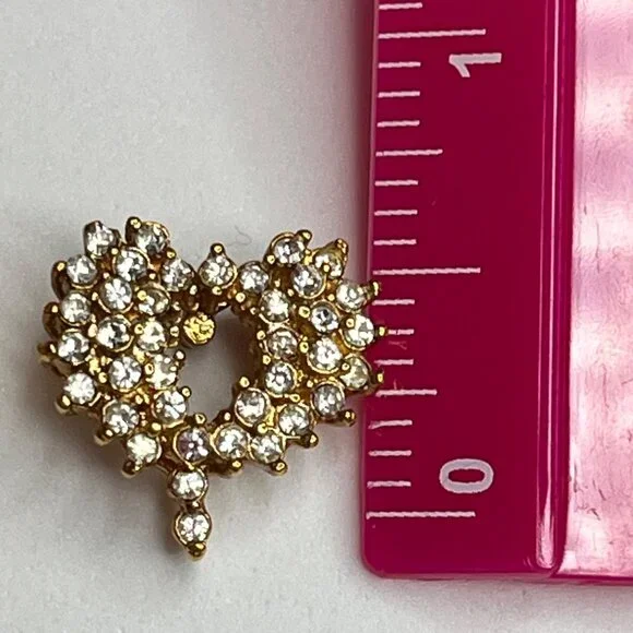 Vintage Gold Heart-Shaped Rhinestone Earrings Stud Jewelry - Picture 3 of 6